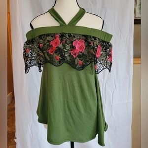 Paper Doll asymmetrical olive rose crochet layer detail off shoulder halter S?